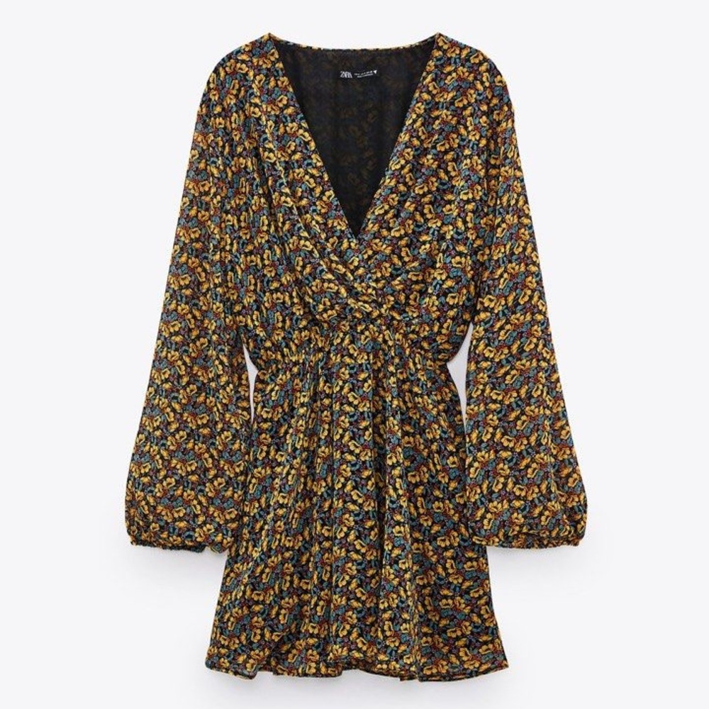 Zara Floral Multicolor Long Sleeve Surplice Dress Size XS - Picture 3 of 10